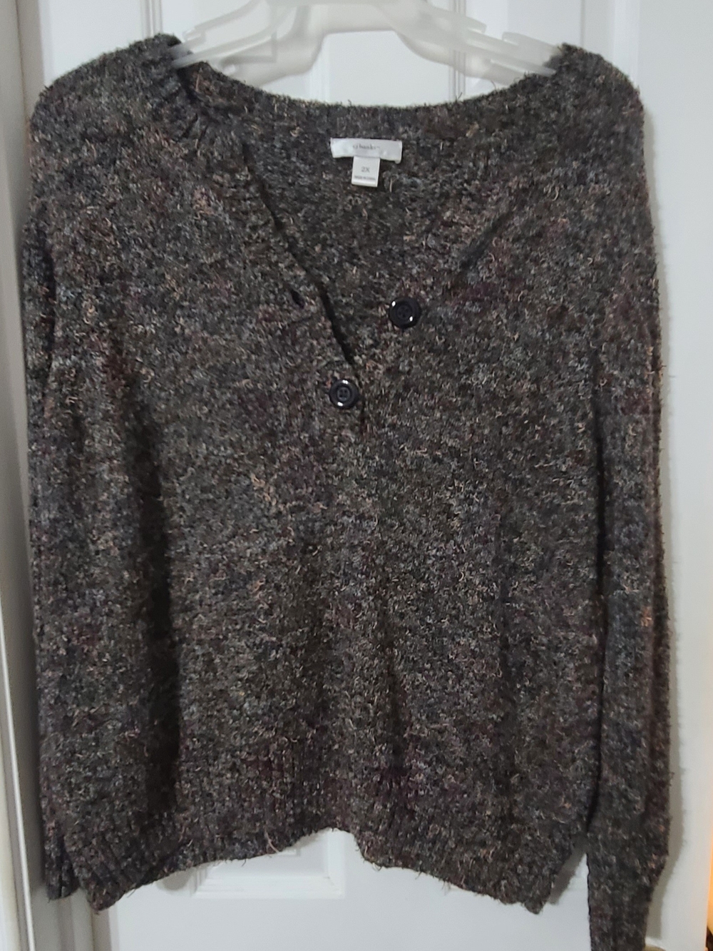 CJ Banks Women's Multitone V-Neck Buttoned Knit Sweater - Gray/Brown Mix